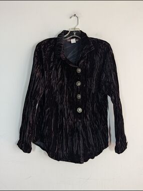 Alexander Campbell Vintage Black Velvet Button-Front Blouse, Size 14